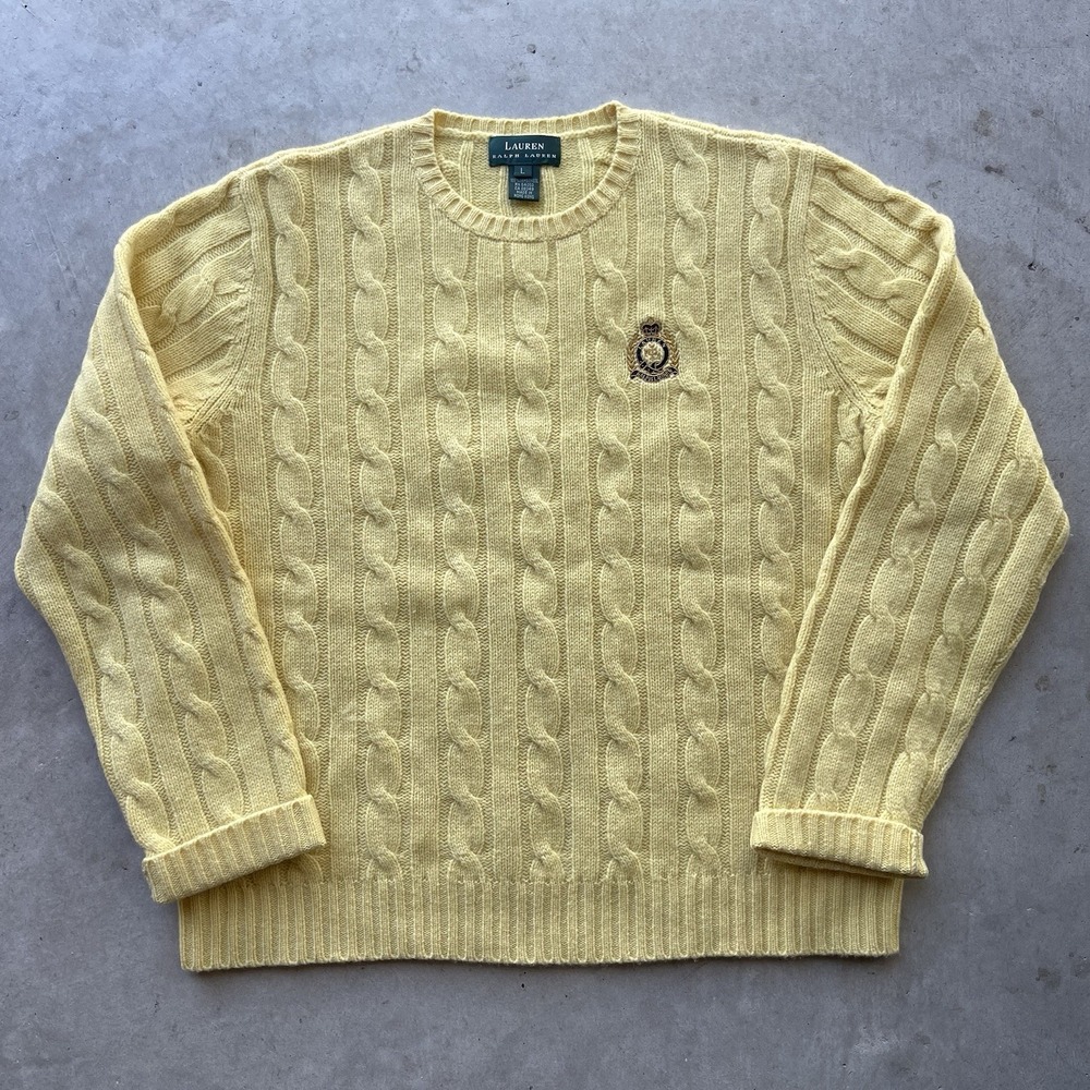 Lauren Ralph Lauren Lambswool Cable Knit Sweater Aran Coastal Yellow Crest L